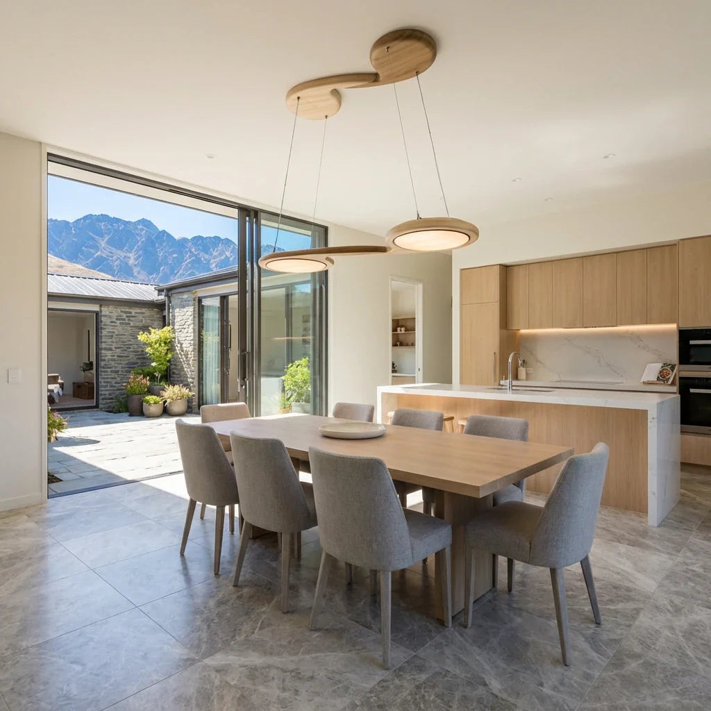Joy native timber pendant glowing in a kitchen — Lights by Mac